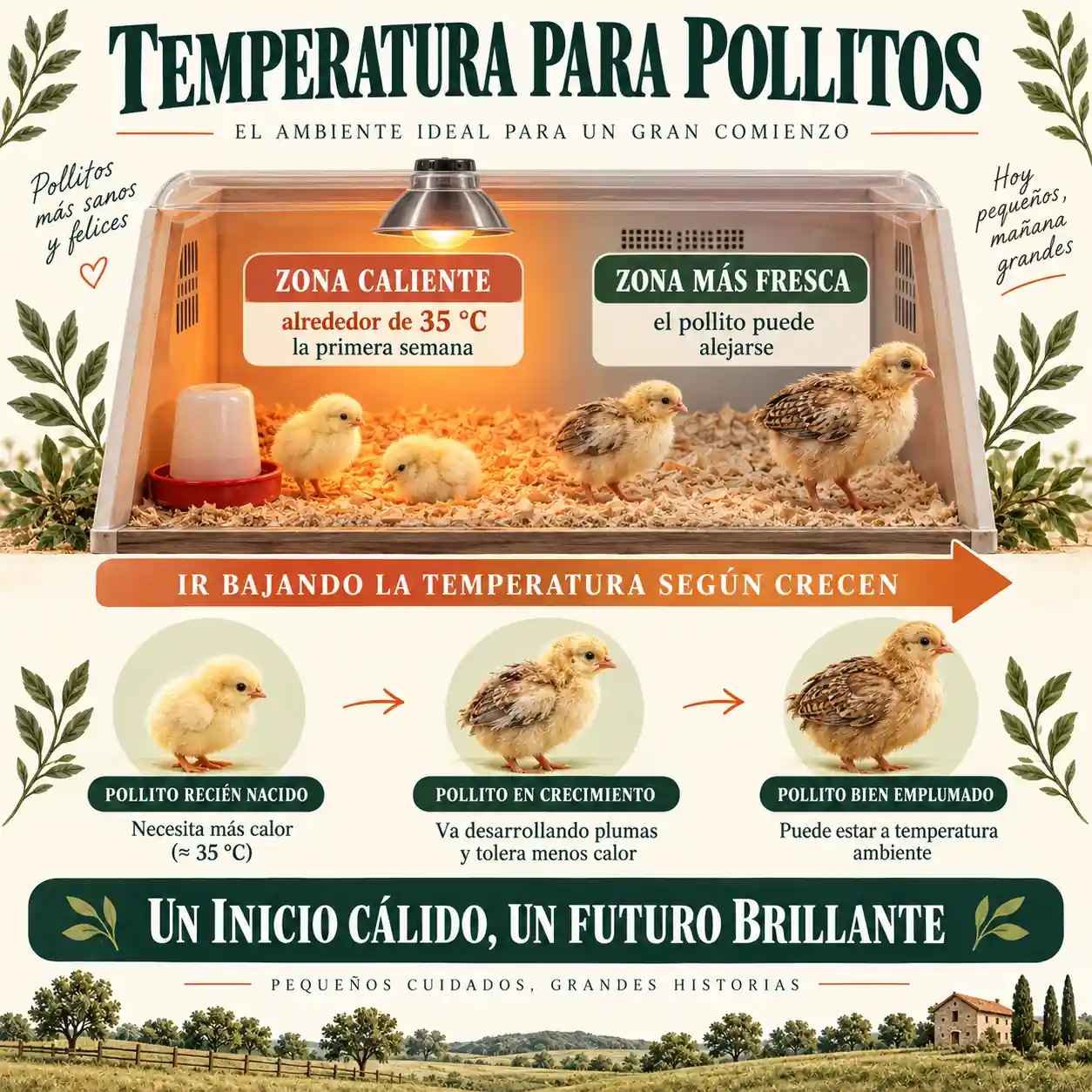 Infografía con temperatura orientativa para pollitos durante sus primeras semanas
