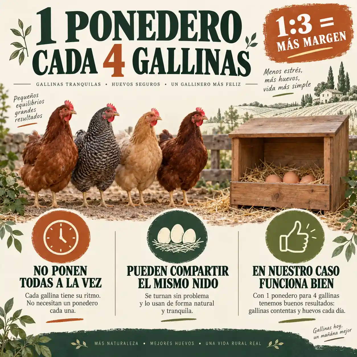 Infografía mostrando un ponedero compartido por cuatro gallinas