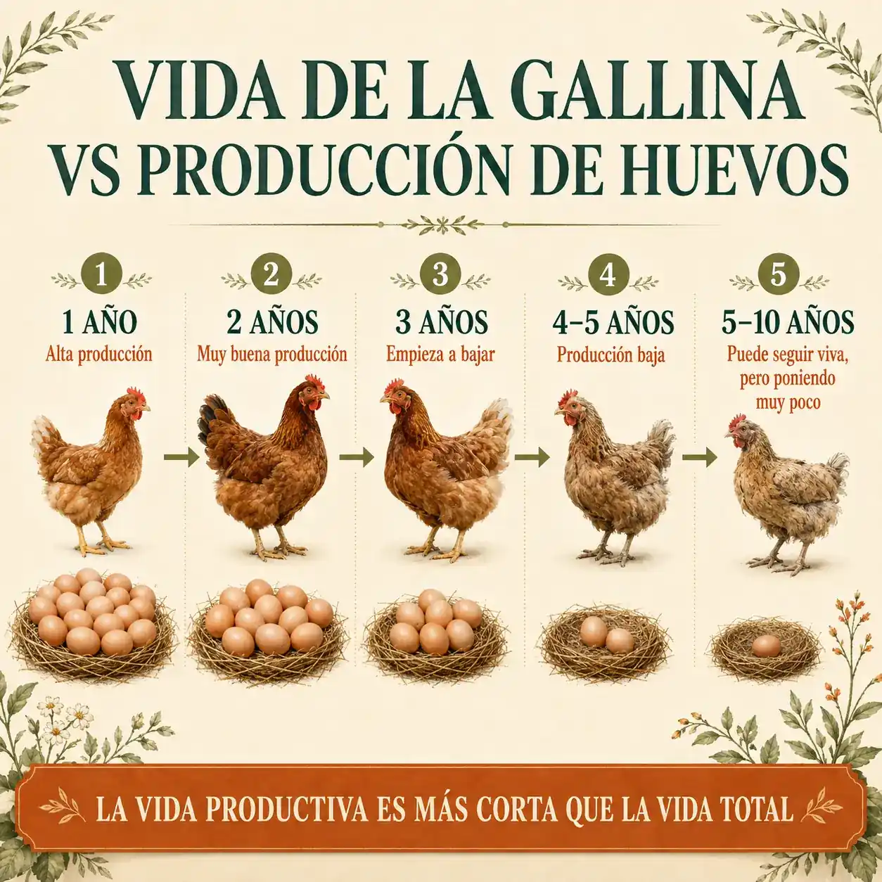 Infografía sobre la vida de una gallina frente a su producción de huevos