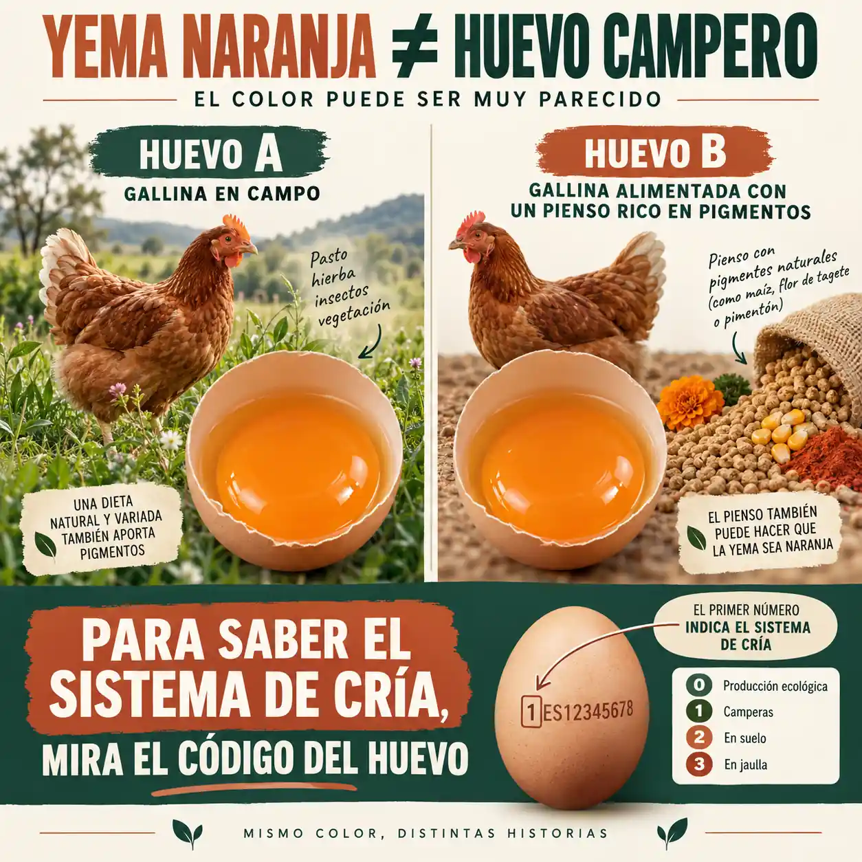 Infografía explicando que una yema naranja no significa automáticamente que un huevo sea campero