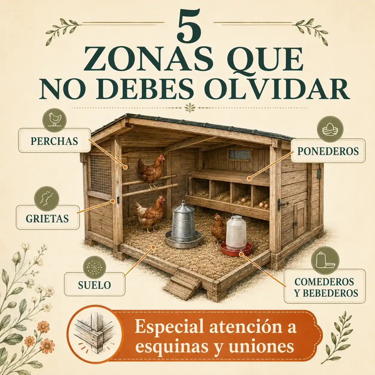Infografía con las zonas del gallinero que hay que limpiar y desinfectar